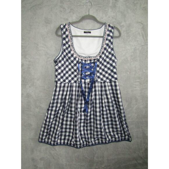 Classic Dirndl Bavarian Oktoberfest Checkered Dress Blue White XXL Lace Peasant - Picture 1 of 10